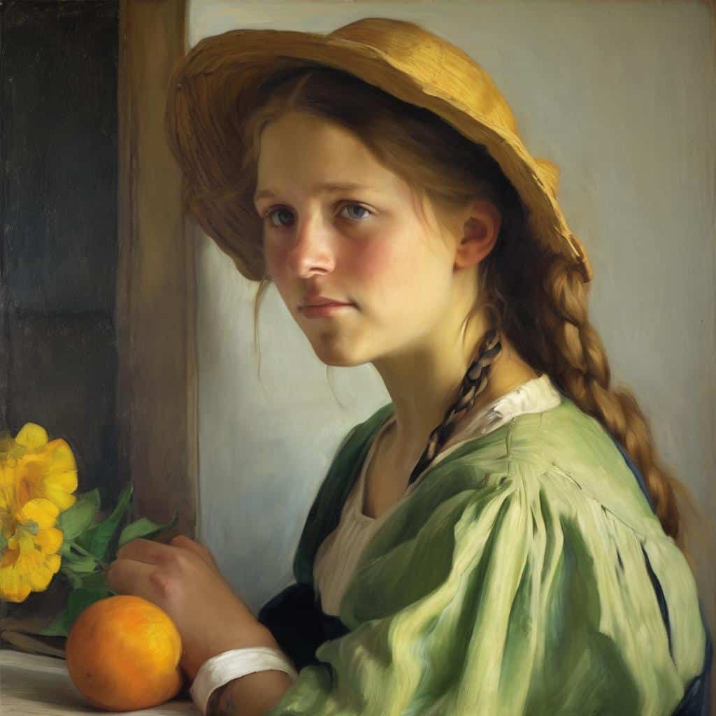 Ομορφη νεαρή γυναίκα με καπέλο και τσόκαρο, ζωγραφική πορτρέτο, αφιέρωμα στη δημιουργία και καλλιτεχνική σκηνή, παραδοσιακή τέχνη και αισθητική.