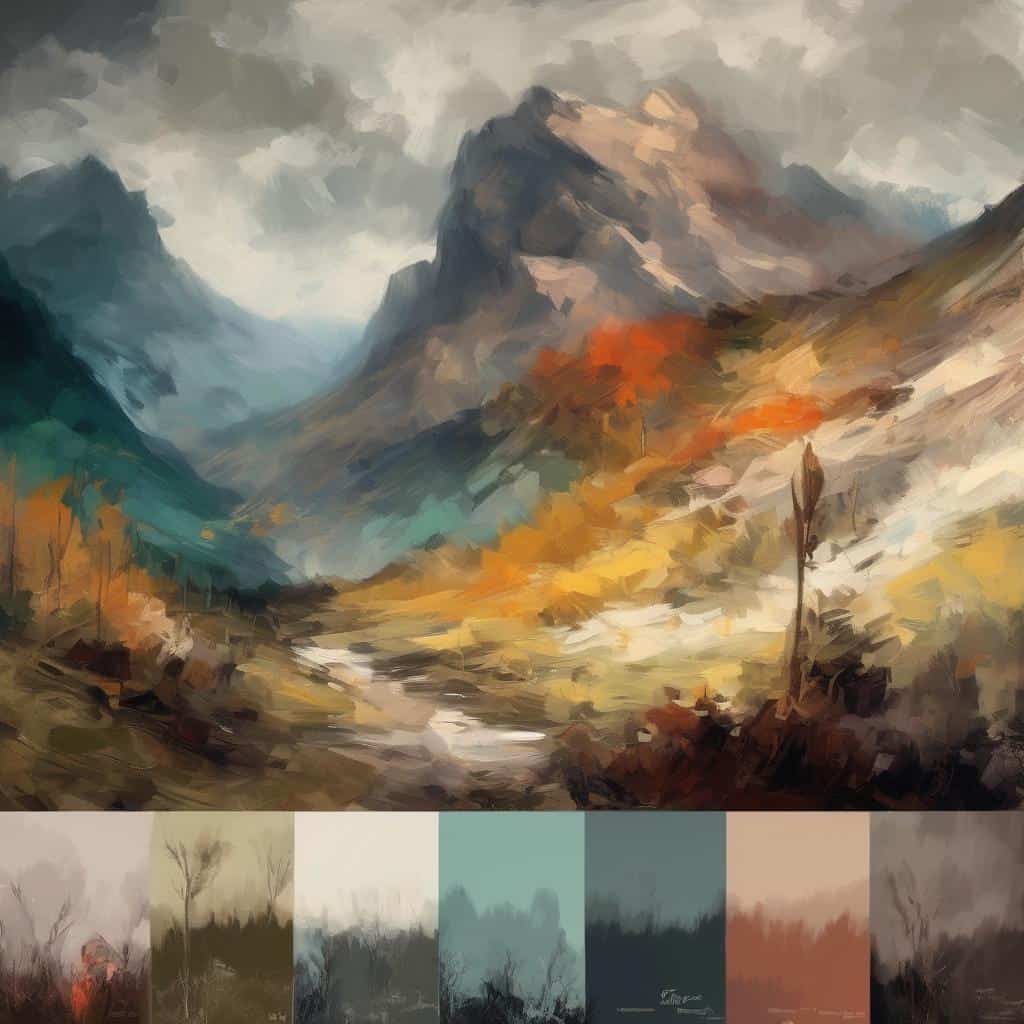 Ορεινό τοπίο με βουνά και χρωματιστά φυτά, δημιουργικό και καλλιτεχνικό σκηνικό.