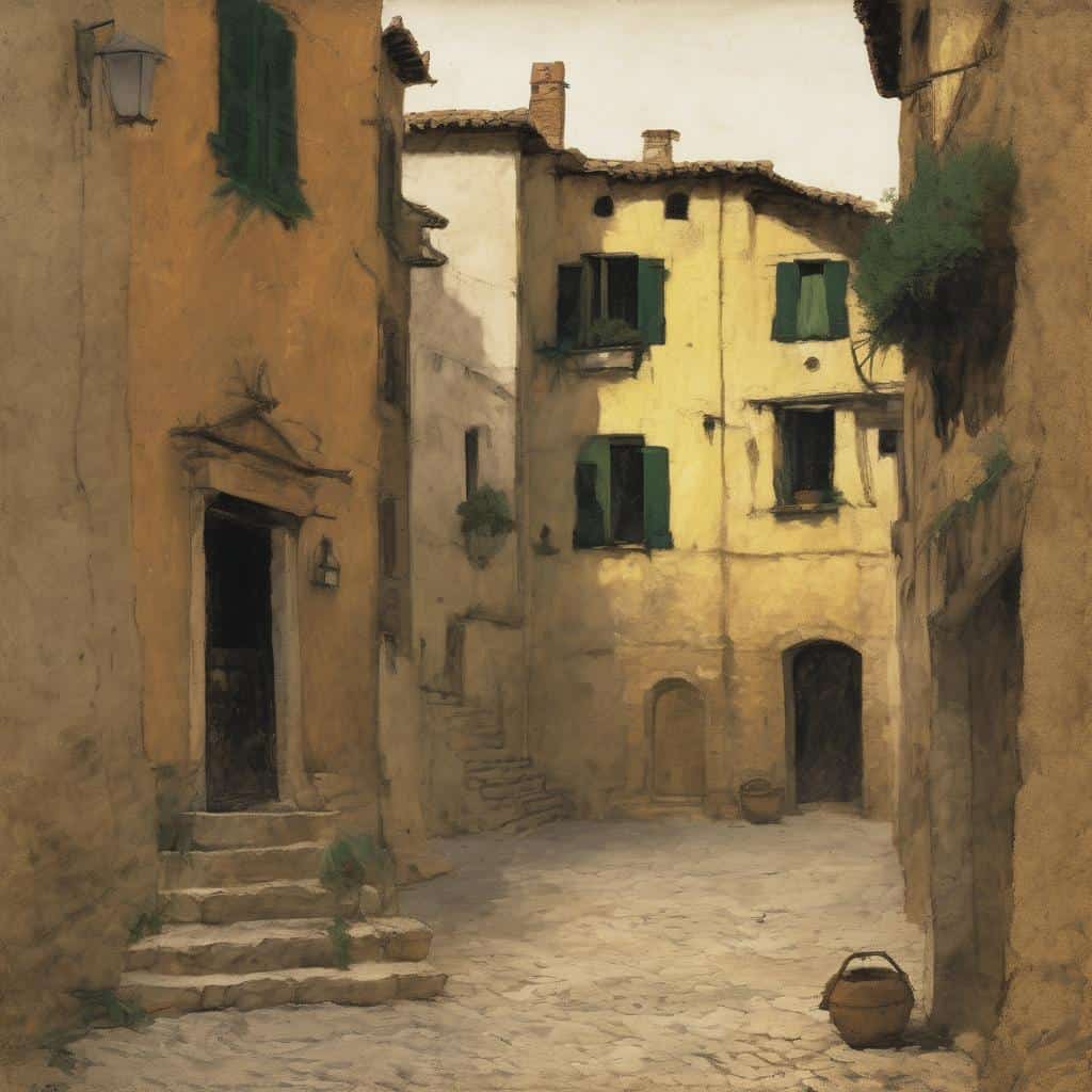 Όμορφη ζωγραφιά παλιάς γειτονιάς με σπίτια και στενά, ιδανική για καλλιτεχνική σκηνή και δημιουργία.