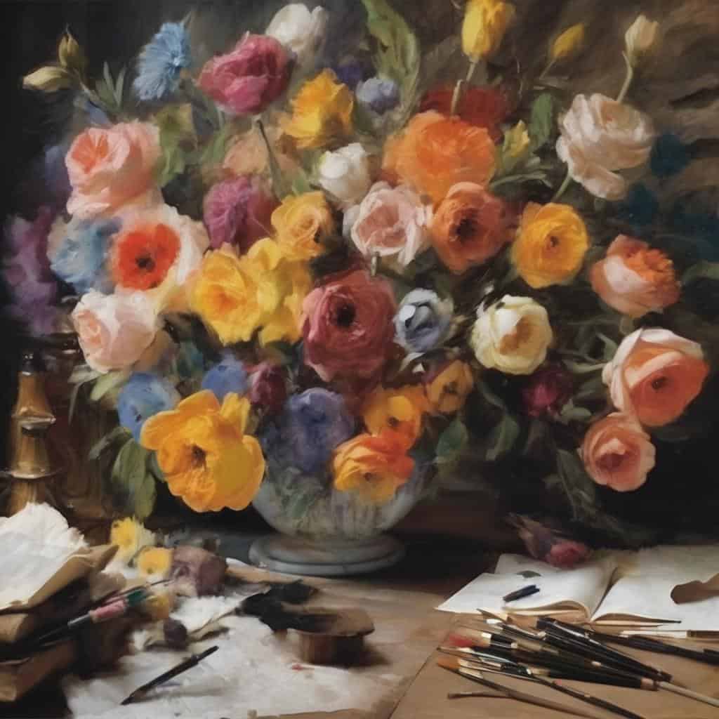 Πίνακας με πολύχρωμα λουλούδια, δημιουργική και καλλιτεχνική σκηνή, ζωγραφική και τέχνη, στην αίθουσα καλλιτεχνικών έργων.