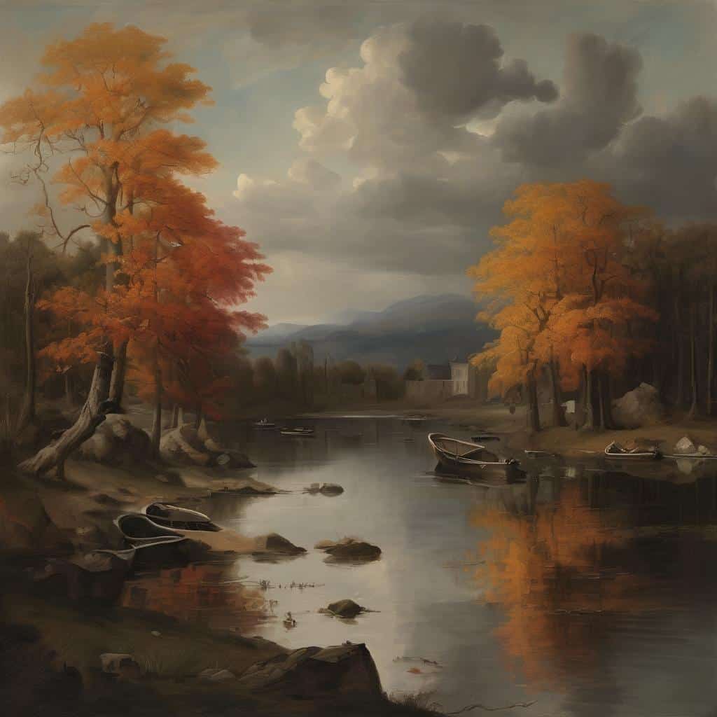 Ομορφη τοπιογραφία με κίτρινα και πορτοκαλί δέντρα κοντά σε ήρεμο ποταμό, ιδανικό για καλλιτεχνική δημιουργία και σκηνή τέχνης.